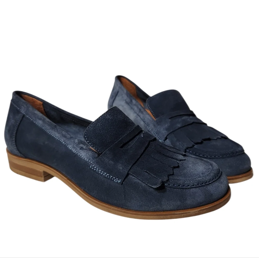 Miz Mooz Ilona Indigo Suede Fringe Penny Loafers Size 6